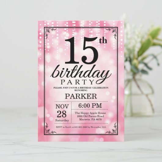 15誕生日招待状ピンクグリッター 招待状 (スタンド正面)