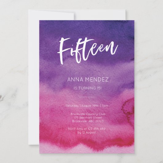 15誕生日招待状ピンクパープルウォーターカラー 招待状 (正面)