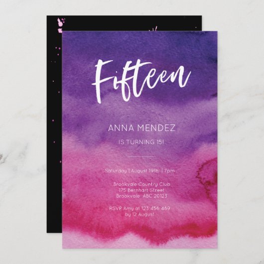15誕生日招待状ピンクパープルウォーターカラー 招待状 (正面/裏面)