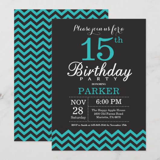 15誕生日招待状ブラックアンドティール（緑がかった色） 招待状 (正面/裏面)