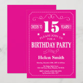 15誕生日招待状ホットピンクと白 招待状 (正面/裏面)