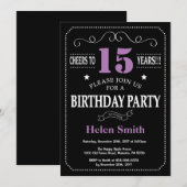 15誕生日紫と黒の黒の黒い黒板 招待状 (正面/裏面)