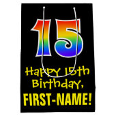 15誕生日:おもしろいはっきりした、カラフルレインボー「15」 ミディアムペーパーバッグ (裏面)
