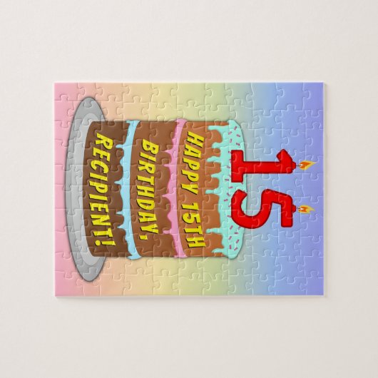 15誕生日:おもしろいケーキとキャンドル+名前をカスタムする ジグソーパズル (横)