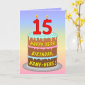 15誕生日—おもしろいケーキ&キャンドル、名前をカスタムする付き カード (黄色い花)