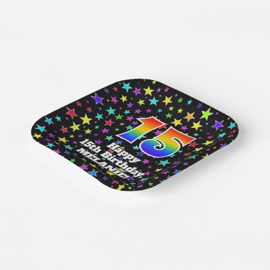 15誕生日:おもしろい星模様と虹"15" ペーパープレート (傾斜あり)