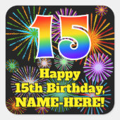 15誕生日:おもしろい花火ルック、レインボー# 15 スクエアシール (正面)