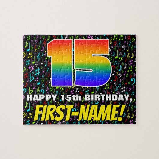 15誕生日:おもしろい、カラフル音楽シンボル、「15」 ジグソーパズル (横)