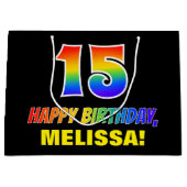 15誕生日:はっきりした,おもしろい,シンプル虹， 15 ラージペーパーバッグ (正面)