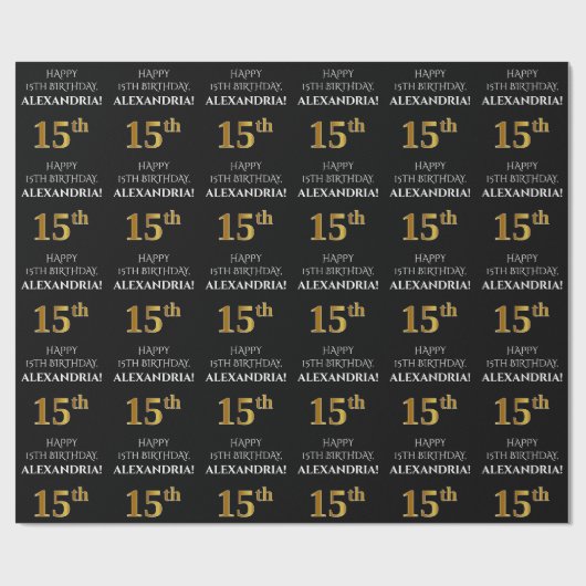 15誕生日: エレガント、黒、フェイク金ゴールド ラッピングペーパー (フラット)