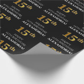 15誕生日: エレガント、黒、フェイク金ゴールド ラッピングペーパー (角)