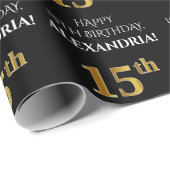 15誕生日: エレガント、黒、フェイク金ゴールド ラッピングペーパー (ロールコーナー)