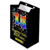 15誕生日:カラフルスターズパターン&レインボー15 ミディアムペーパーバッグ (正面アングル)