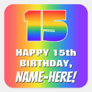15誕生日: カラフル、おもしろいレインボーパターン# 15 スクエアシール