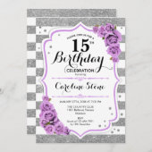 15誕生日 – シルバーホワイトストライプバラ紫 招待状 (正面/裏面)