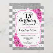 15誕生日 – シルバーホワイトストライプローズピンク 招待状 (正面/裏面)