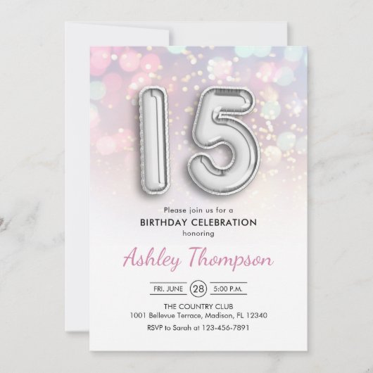 15誕生日 – シルバー風船ピンクライト 招待状 (正面)