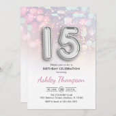 15誕生日 – シルバー風船ピンクライト 招待状 (正面/裏面)