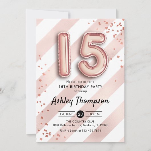 15誕生日- ストライプバラ金ゴールドバルーン 招待状 (正面)