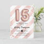 15誕生日- ストライプバラ金ゴールドバルーン 招待状 (スタンド正面)