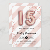 15誕生日- ストライプバラ金ゴールドバルーン 招待状 (正面/裏面)