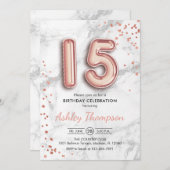 15誕生日-バラ金ゴールドバルーン大理石効果 招待状 (正面/裏面)