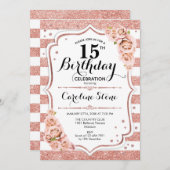 15誕生日-バラ金ゴールド白ストライプ色 招待状 (正面/裏面)