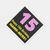 15誕生日:ピンクストライプのハートと15" +名前 スタンダードランチョンナプキン (角)