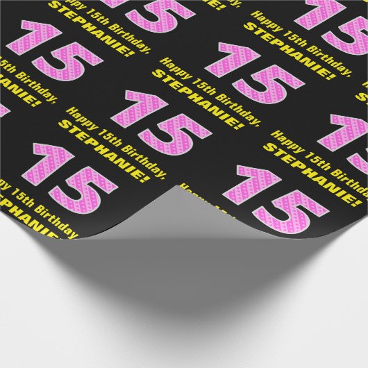 15誕生日:ピンクストライプのハートと15" +名前 ラッピングペーパー (角)