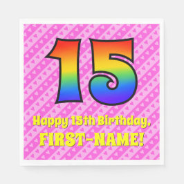 15誕生日：ピンクストライプのハート、レインボー# 15 スタンダードランチョンナプキン