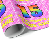 15誕生日:ピンクストライプのハート、レインボー# 15 ラッピングペーパー (ロールコーナー)