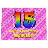 15誕生日:ピンクストライプのハート、レインボー# 15 ラージペーパーバッグ (正面)