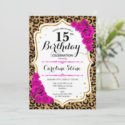 15誕生日 – ピンク金ゴールドヒョウ印刷 招待状 (スタンド正面)