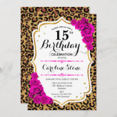 15誕生日 – ピンク金ゴールドヒョウ印刷 招待状 (正面/裏面)