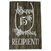 15誕生日: ファンシー, フェイク Wood Look +名前をカスタムする ミディアムペーパーバッグ (正面)