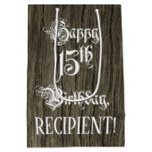15誕生日: ファンシー, フェイク Wood Look +名前をカスタムする ミディアムペーパーバッグ (裏面)
