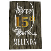 15誕生日:フェイク金ゴールドルック&ウッドフェイクパターン ミディアムペーパーバッグ (正面)