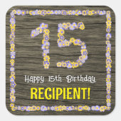 15誕生日:フローラ番号フェイク、木目、名前 スクエアシール (正面)