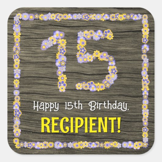 15誕生日:フローラ番号フェイク、木目、名前 スクエアシール (正面)