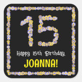 15誕生日:フローラ花数名前をカスタムする スクエアシール (正面)