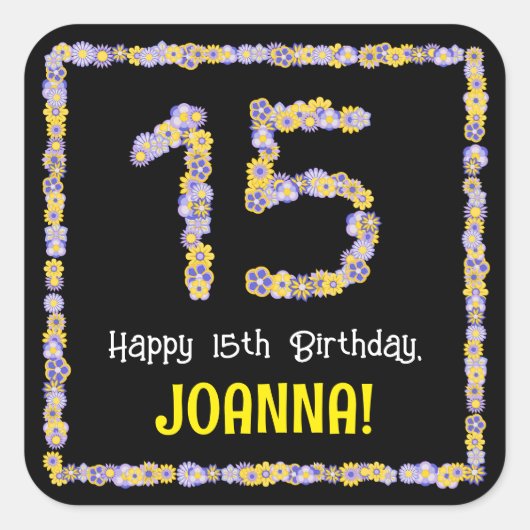 15誕生日:フローラ花数名前をカスタムする スクエアシール (正面)