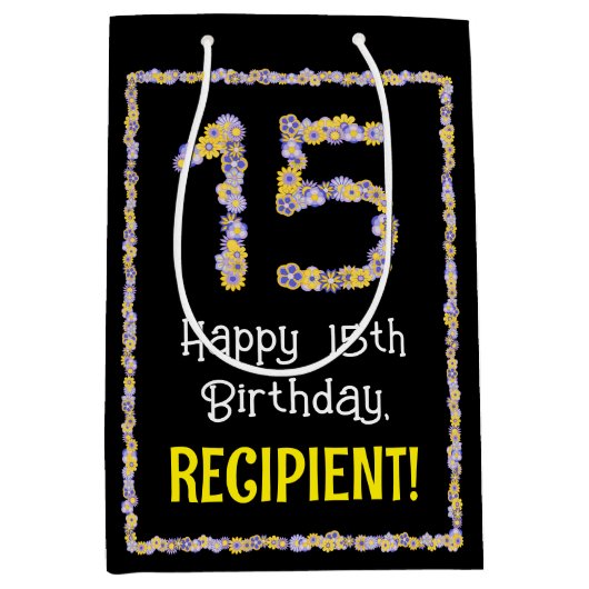 15誕生日:フローラ花数名前をカスタムする ミディアムペーパーバッグ (正面)