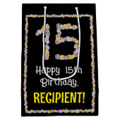 15誕生日:フローラ花数名前をカスタムする ミディアムペーパーバッグ (裏面)