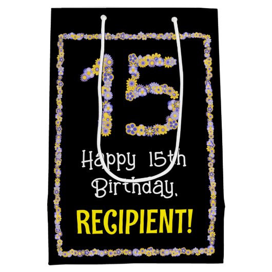 15誕生日:フローラ花数名前をカスタムする ミディアムペーパーバッグ (裏面)