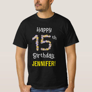 15誕生日:フローラ花数"15" +名前 Tシャツ