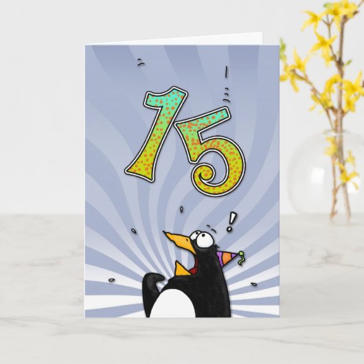 15誕生日 – ペンギンサプライズカード カード (黄色い花)