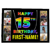 15誕生日:レインボー文字、カスタム写真&名前 ラージペーパーバッグ (裏面)