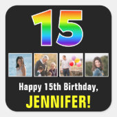 15誕生日:レインボー「15」、写真カスタムと名前 スクエアシール (正面)