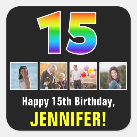 15誕生日：レインボー「15」、写真カスタムと名前 スクエアシール (正面)