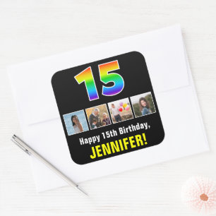 15誕生日:レインボー「15」、写真カスタムと名前 スクエアシール